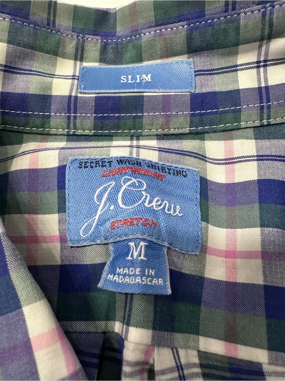 J. Crew Coolmax Slim Fit Blue, Green & White Plaid Button-Down Shirt